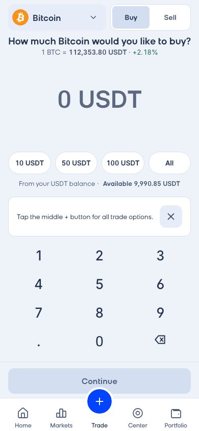 CoinCenter uygulaması: Al-Sat ekranı