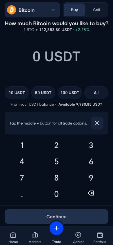 CoinCenter uygulaması: Al-Sat ekranı