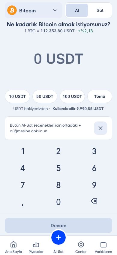 CoinCenter uygulaması: Al-Sat ekranı