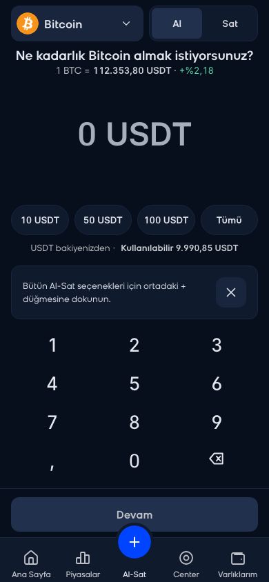 CoinCenter uygulaması: Al-Sat ekranı