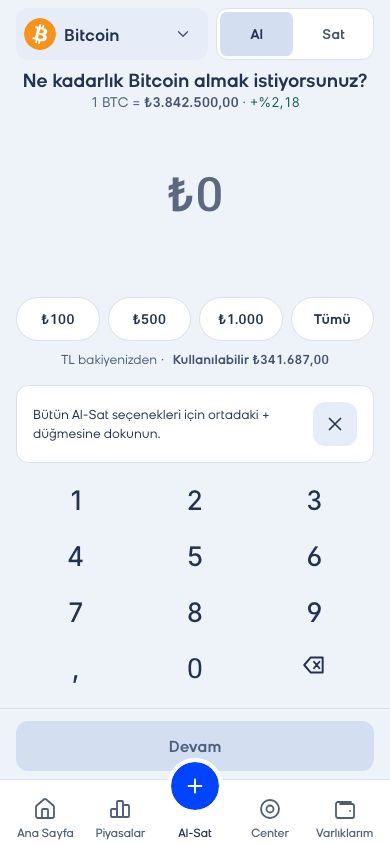 CoinCenter uygulaması: Al-Sat ekranı