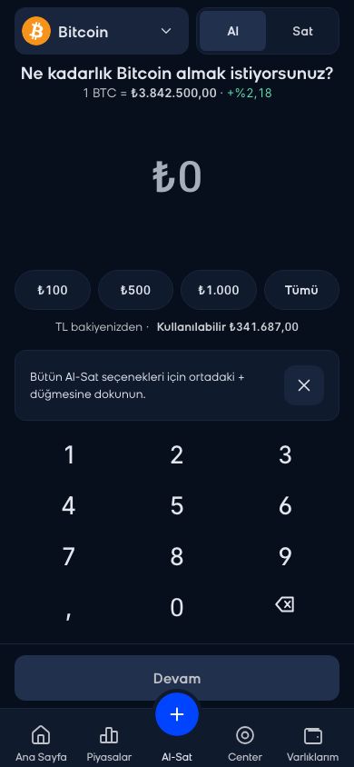 CoinCenter uygulaması: Al-Sat ekranı