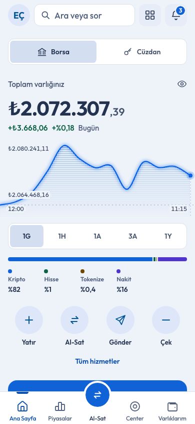 CoinCenter uygulaması: Portföy ekranı