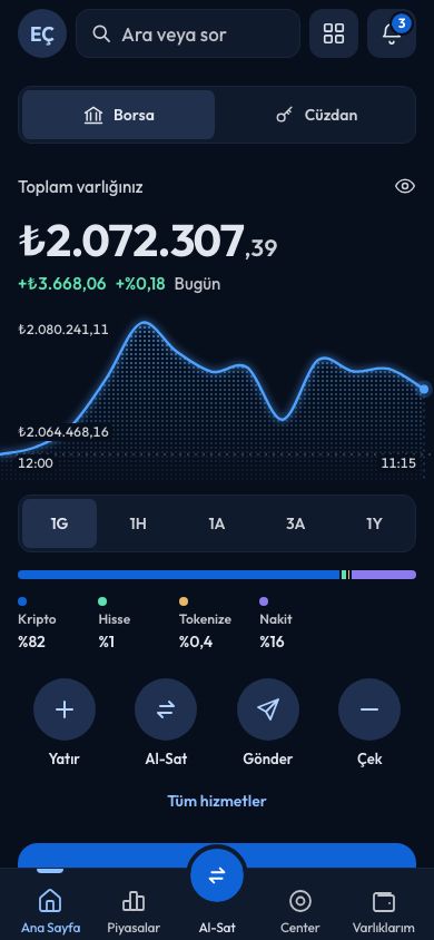 CoinCenter uygulaması: Portföy ekranı