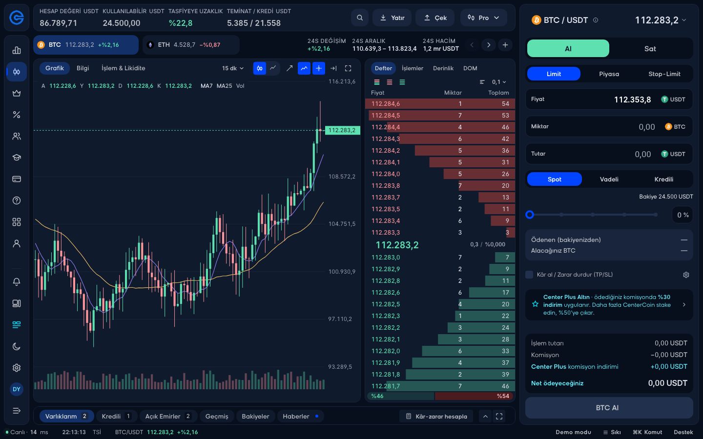 CoinCenter Pro Terminal: masaüstü trading ekranı