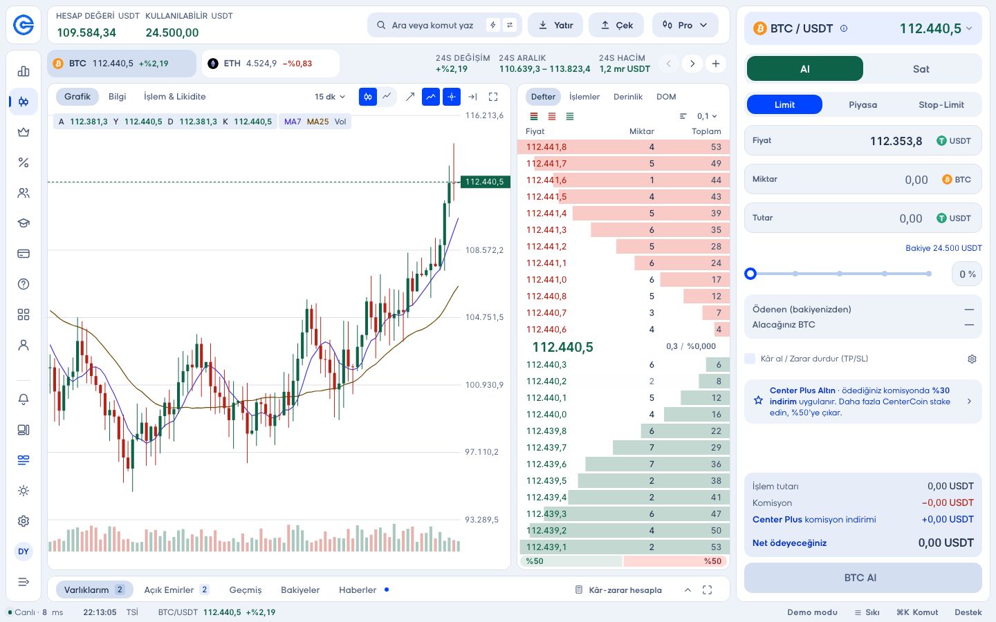 CoinCenter Pro Terminal: masaüstü trading ekranı