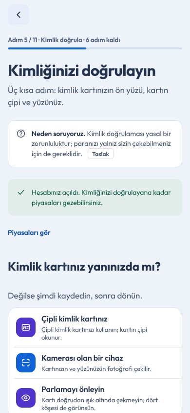CoinCenter uygulaması: kayıt, kimlik doğrulama adımı