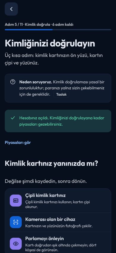 CoinCenter uygulaması: kayıt, kimlik doğrulama adımı