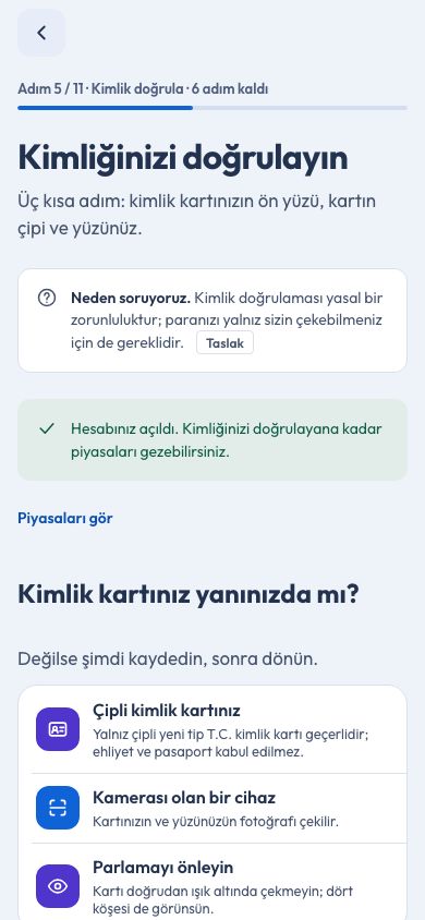 CoinCenter uygulaması: kayıt, kimlik doğrulama adımı