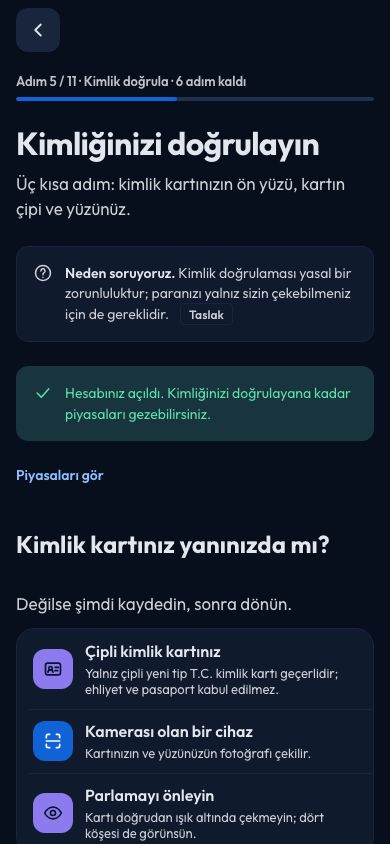 CoinCenter uygulaması: kayıt, kimlik doğrulama adımı