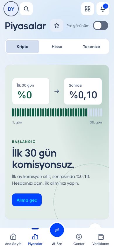 CoinCenter uygulaması: Piyasalar ekranı