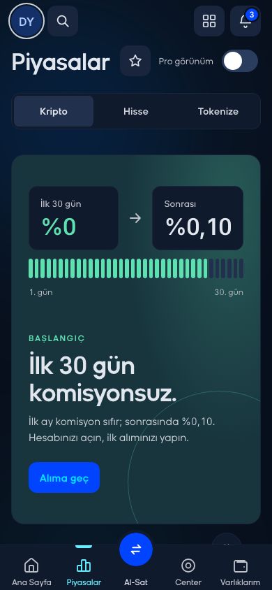 CoinCenter uygulaması: Piyasalar ekranı