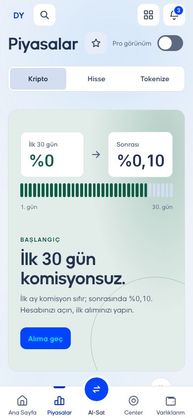CoinCenter uygulaması: Piyasalar ekranı