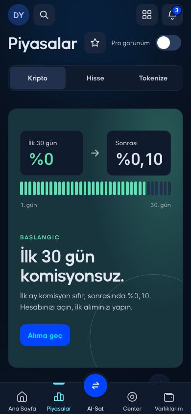 CoinCenter uygulaması: Piyasalar ekranı