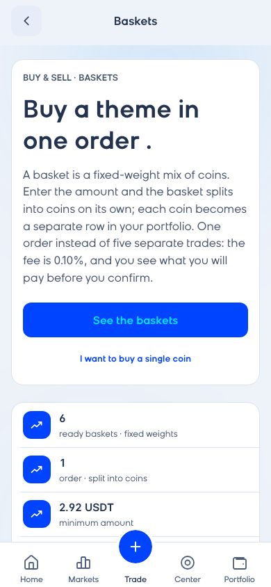 CoinCenter uygulaması: Sepetler ekranı