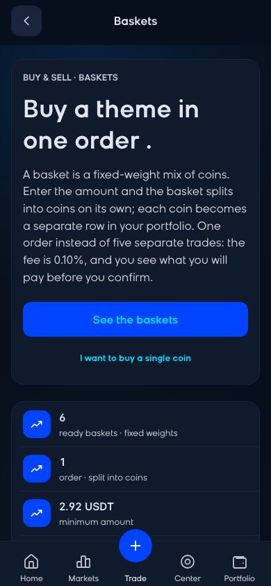 CoinCenter uygulaması: Sepetler ekranı