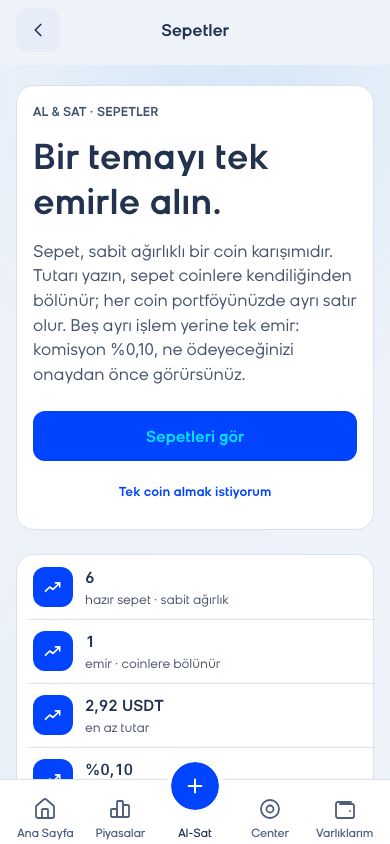 CoinCenter uygulaması: Sepetler ekranı