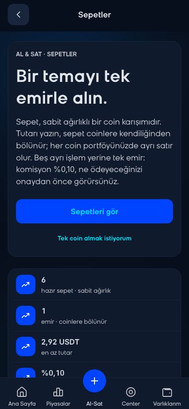 CoinCenter uygulaması: Sepetler ekranı