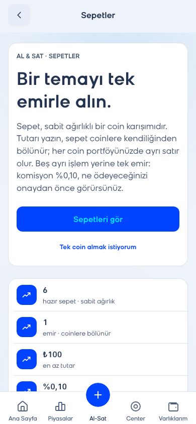 CoinCenter uygulaması: Sepetler ekranı