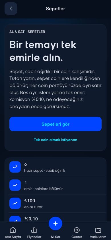 CoinCenter uygulaması: Sepetler ekranı