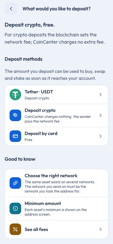 CoinCenter uygulaması: yatırma ekranı