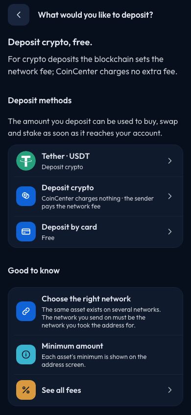CoinCenter uygulaması: yatırma ekranı
