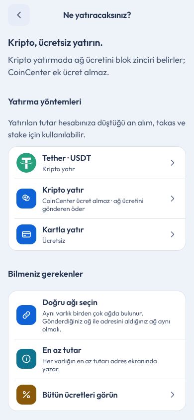 CoinCenter uygulaması: yatırma ekranı