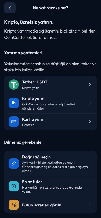 CoinCenter uygulaması: yatırma ekranı