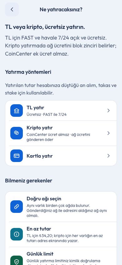CoinCenter uygulaması: yatırma ekranı