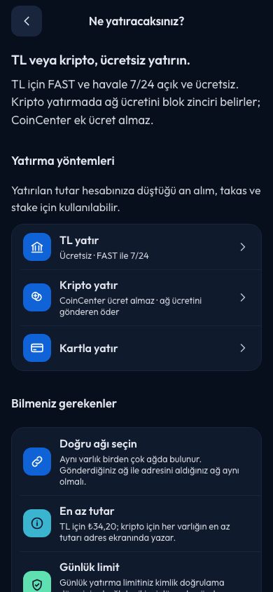 CoinCenter uygulaması: yatırma ekranı